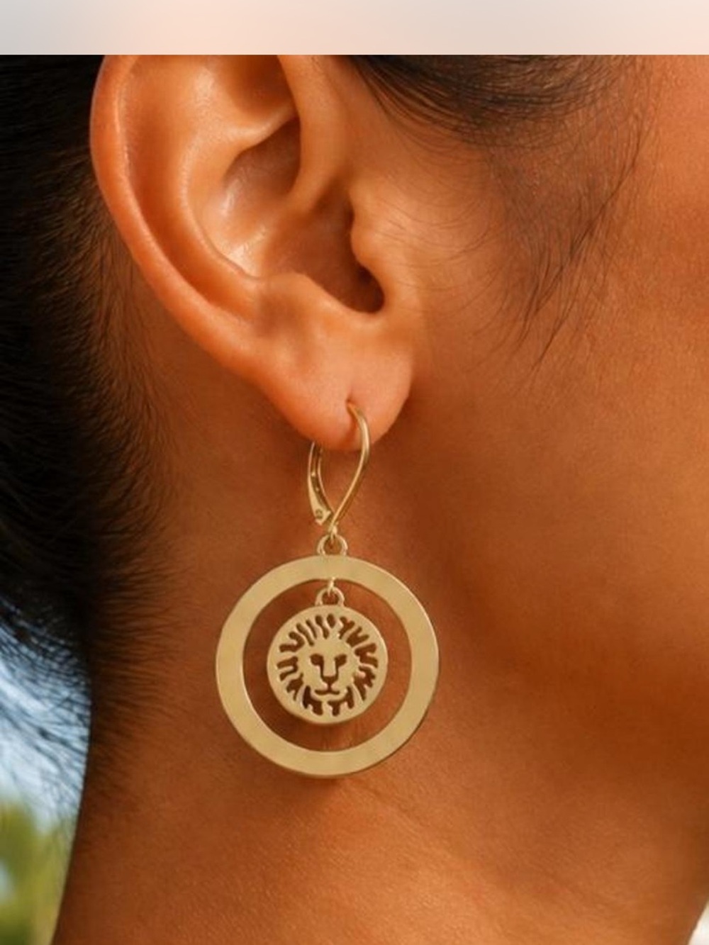 Anne Klein Gold Lion Medallion Hoop Drop Earrings